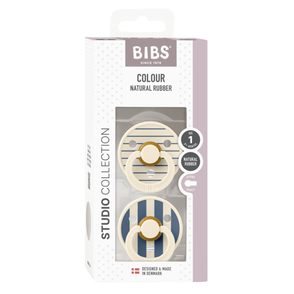 BIBS - Set 2 suzete Colour Studio Collection Stripe Latex, tetina rotunda, 0 luni+-Ivory/Steel Blue