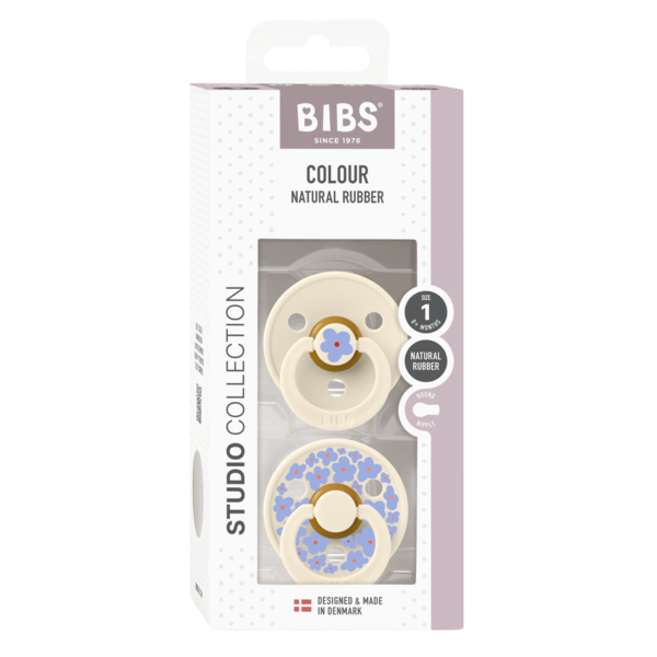 BIBS - Set 2 suzete Colour Studio Collection Flower Latex, tetina rotunda, 0 luni+-Ivory - gogobaby.ro