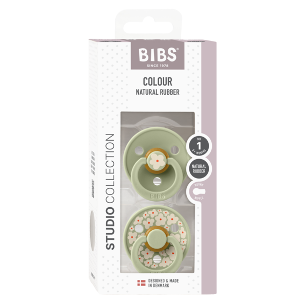 BIBS - Set 2 suzete Colour Studio Collection Flower Latex, tetina rotunda, 0 luni+-Sage - gogobaby.ro
