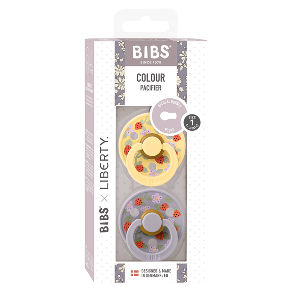 BIBS x LIBERTY - Set 2 suzete Colour Strawberries and Cream Latex, tetina rotunda, 0 luni+-Pale Butter/Fossil Grey - gogobaby.ro