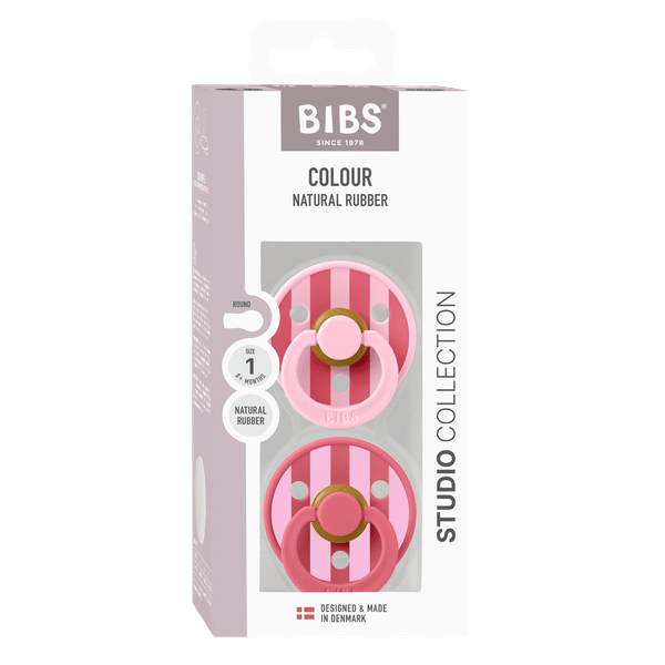 BIBS - Set 2 suzete Colour Studio Collection Stripe Latex, tetina rotunda, 0 luni+-Baby Pink