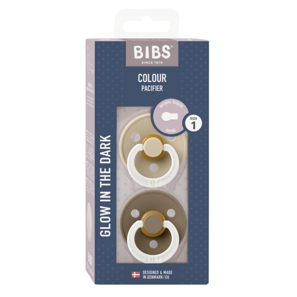 BIBS - Set 2 suzete fosforescente Colour Glow Latex, tetina rotunda, 0 luni +-Vanilla/Dark Oak