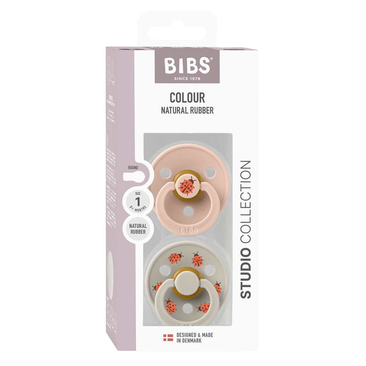BIBS - Set 2 suzete Colour Studio Collection Ladybug Latex, tetina rotunda, 0 luni+-Blush Mix
