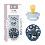 BIBS - Set 2 suzete Colour Studio Collection Polka Dots, tetina rotunda, 0 luni+-Baby Blue/Steel Blue