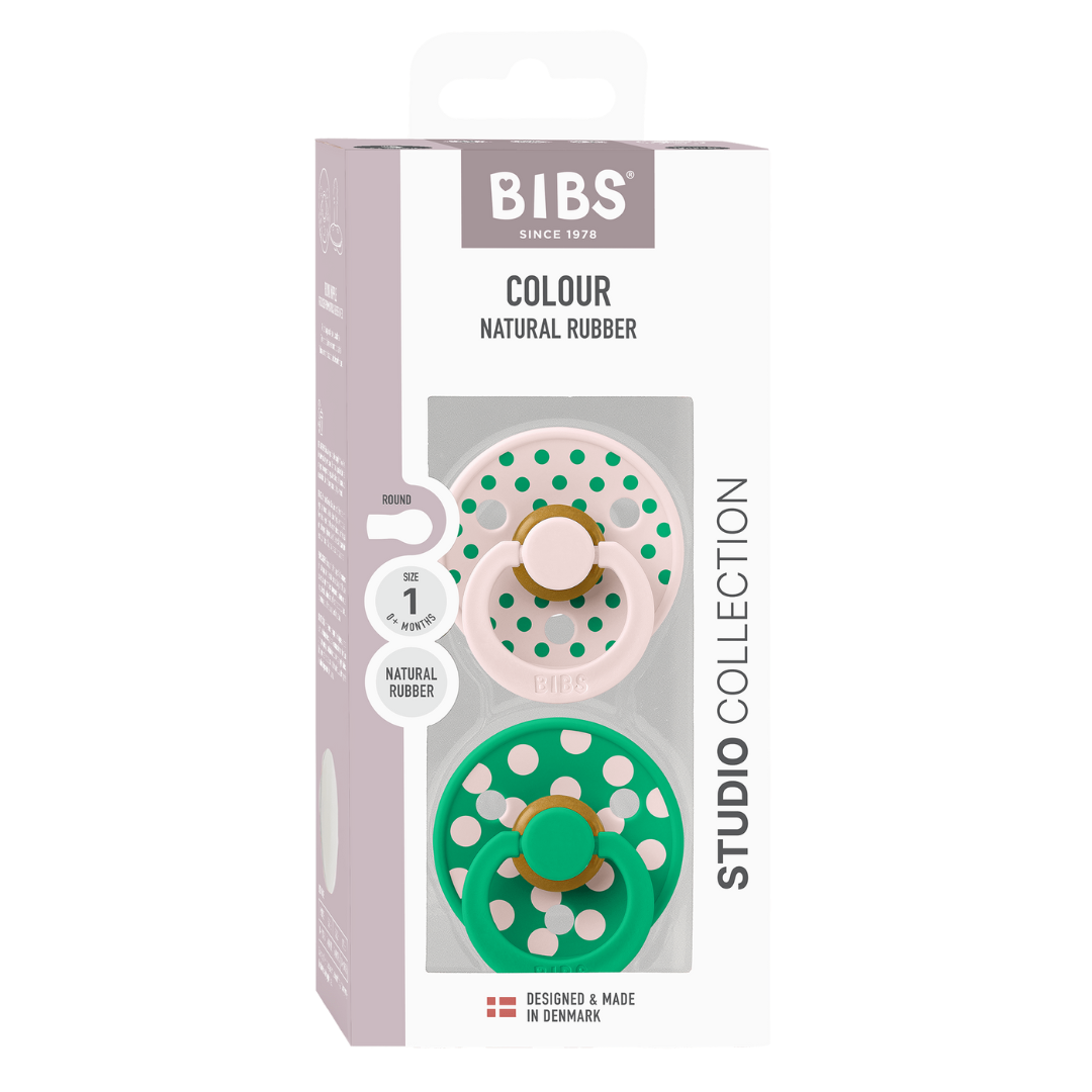 BIBS - Set 2 suzete Colour Studio Collection Polka Dots, tetina rotunda, 0 luni+-Petal/Cactus - gogobaby.ro