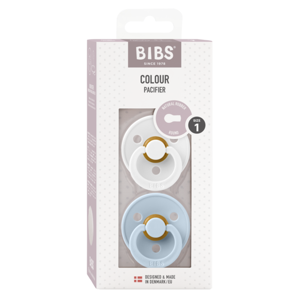 BIBS - Set 2 suzete Colour Latex, tetina rotunda, 0 luni +-White/Baby Blue - gogobaby.ro