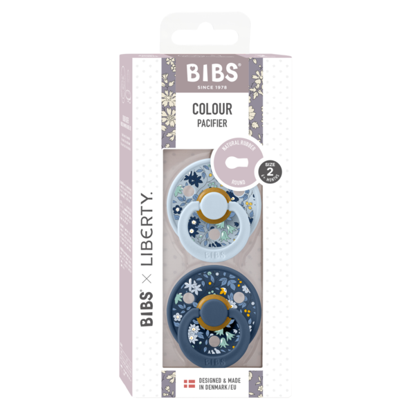 BIBS x LIBERTY - Set 2 suzete Colour Chamomile Lawn Latex, tetina rotunda, 6 luni+-Baby Blue/Steel Blue - gogobaby.ro