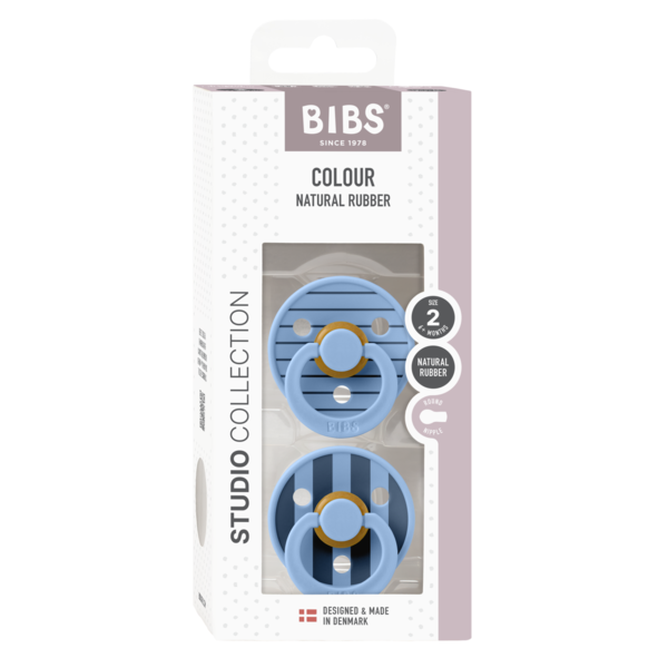 BIBS - Set 2 suzete Colour Studio Collection Stripe Latex, tetina rotunda, 6 luni+-Sky Blue - gogobaby.ro