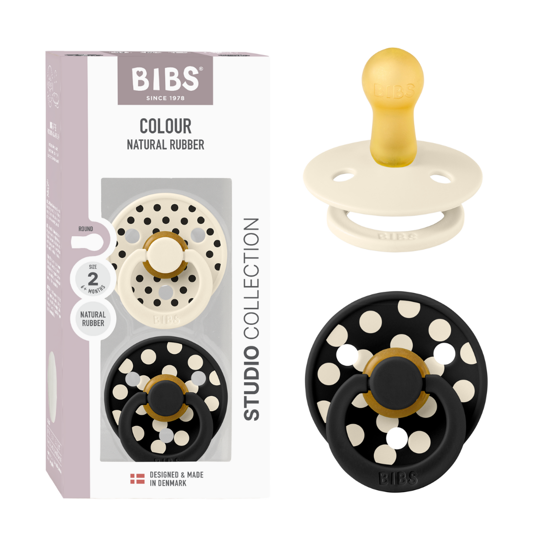 BIBS - Set 2 suzete Colour Studio Collection Polka Dots, tetina rotunda, 6 luni+-Ivory/Black