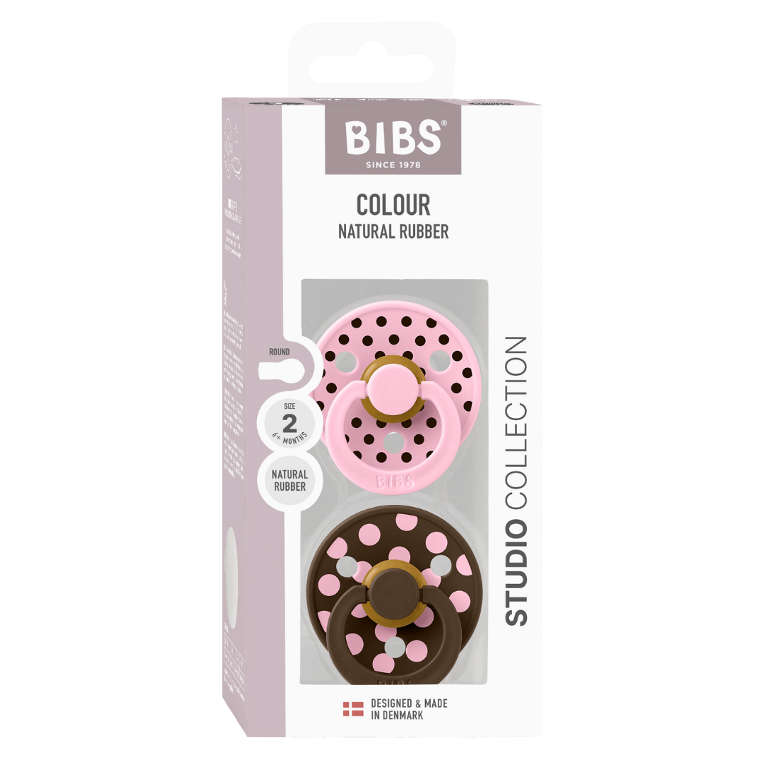 BIBS - Set 2 suzete Colour Studio Collection Polka Dots, tetina rotunda, 6 luni+-Baby Pink/Mocha