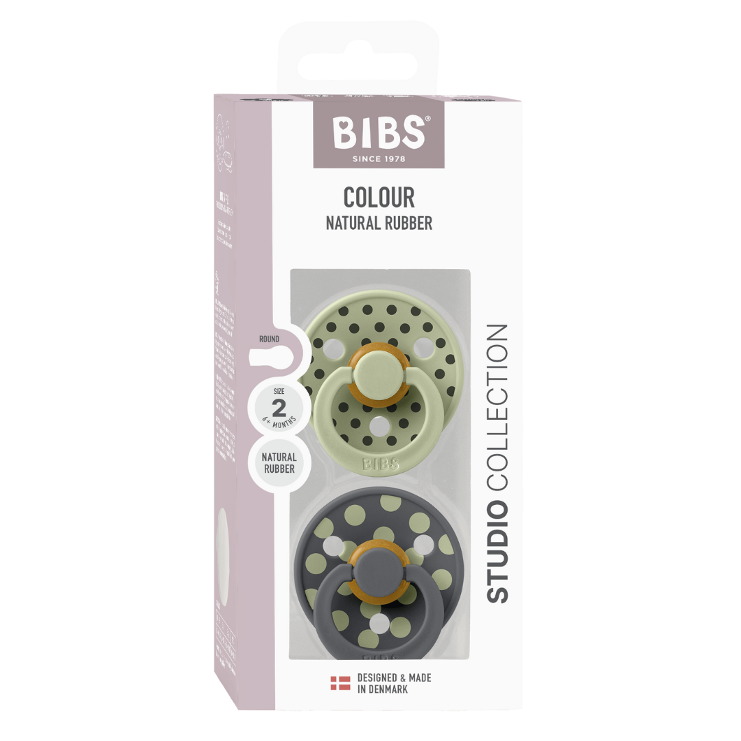 BIBS - Set 2 suzete Colour Studio Collection Polka Dots, tetina rotunda, 6 luni+-Sage/Iron