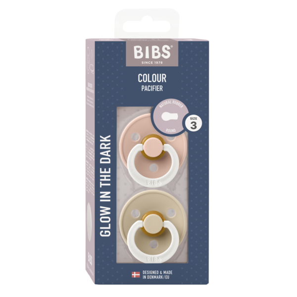BIBS - Set 2 suzete fosforescente Colour Glow Latex, tetina rotunda, 18 luni +-Blush/Vanilla