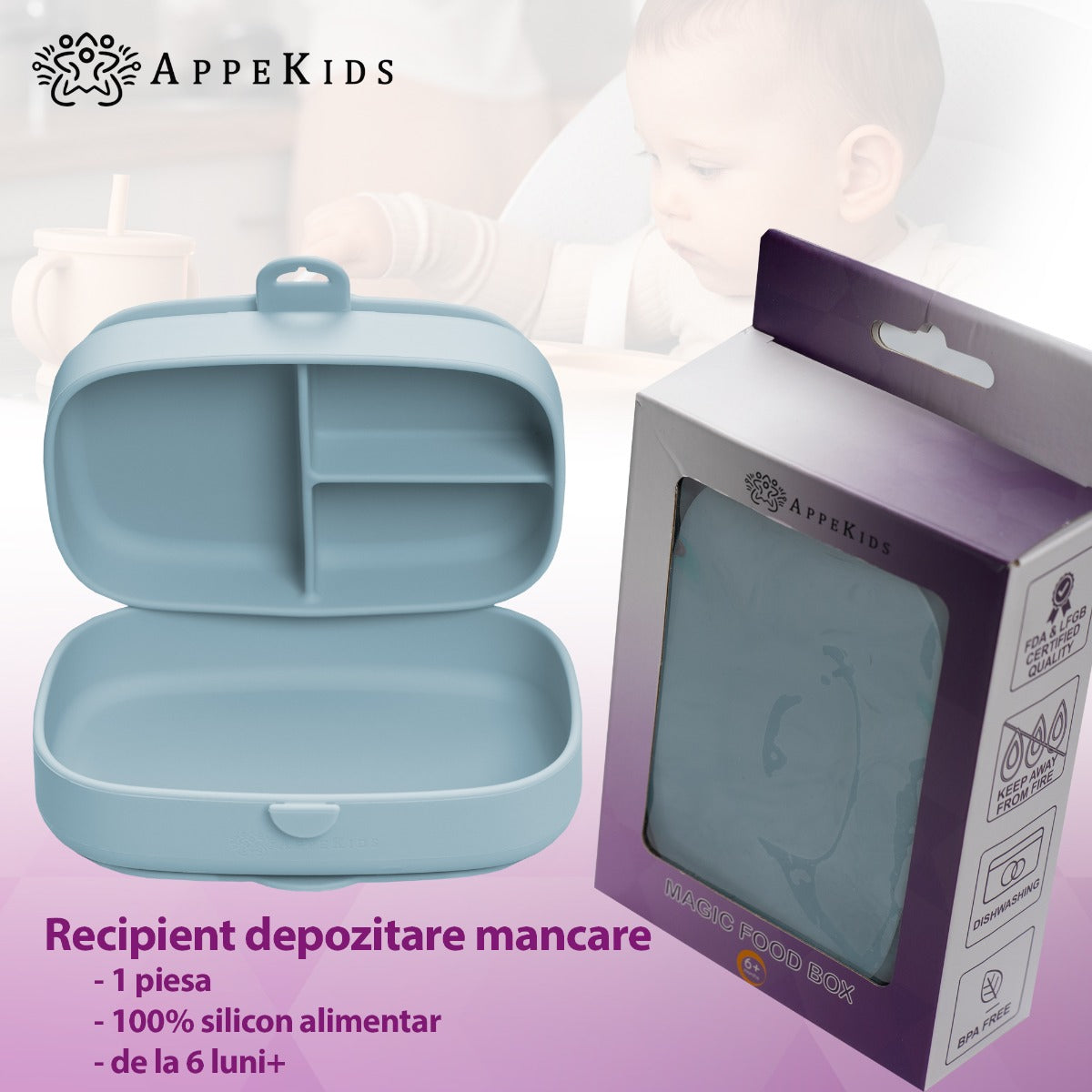 Caserola compartimentata din silicon cu ventuza, AppeKids Magic Box - Aqua Blue - gogobaby.ro