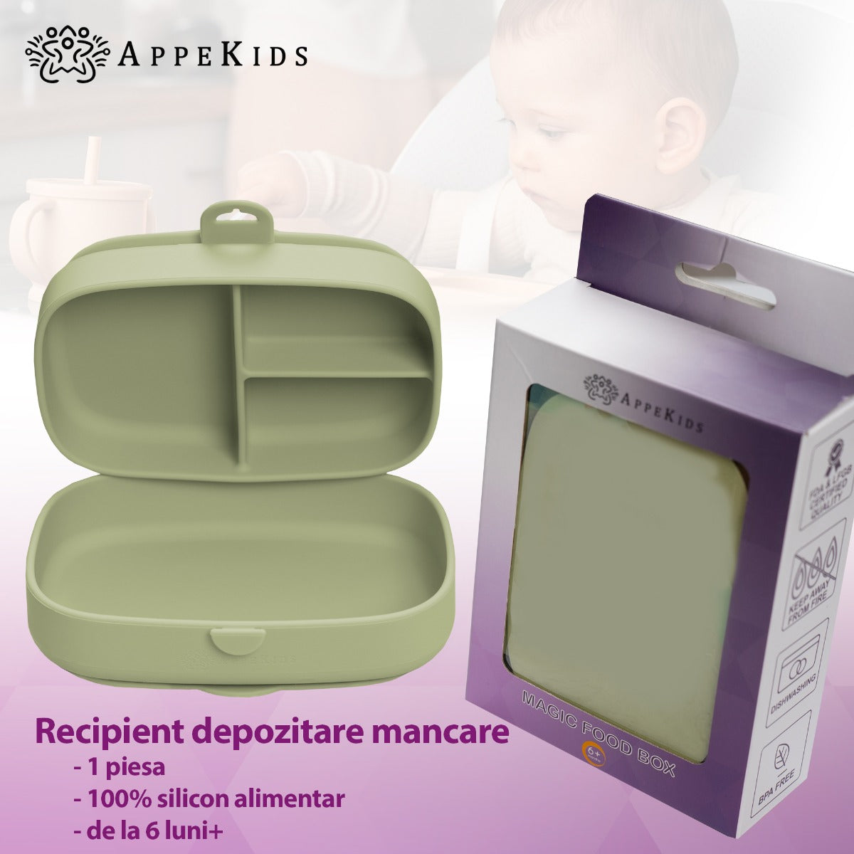 Caserola compartimentata din silicon cu ventuza, AppeKids Magic Box - Bubble Beige - gogobaby.ro
