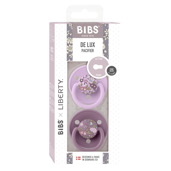 BIBS x LIBERTY - Set 2 suzete De Lux Chamomile Lawn Silicon, tetina rotunda, marime universala-Mauve/Violet Sky - gogobaby.ro