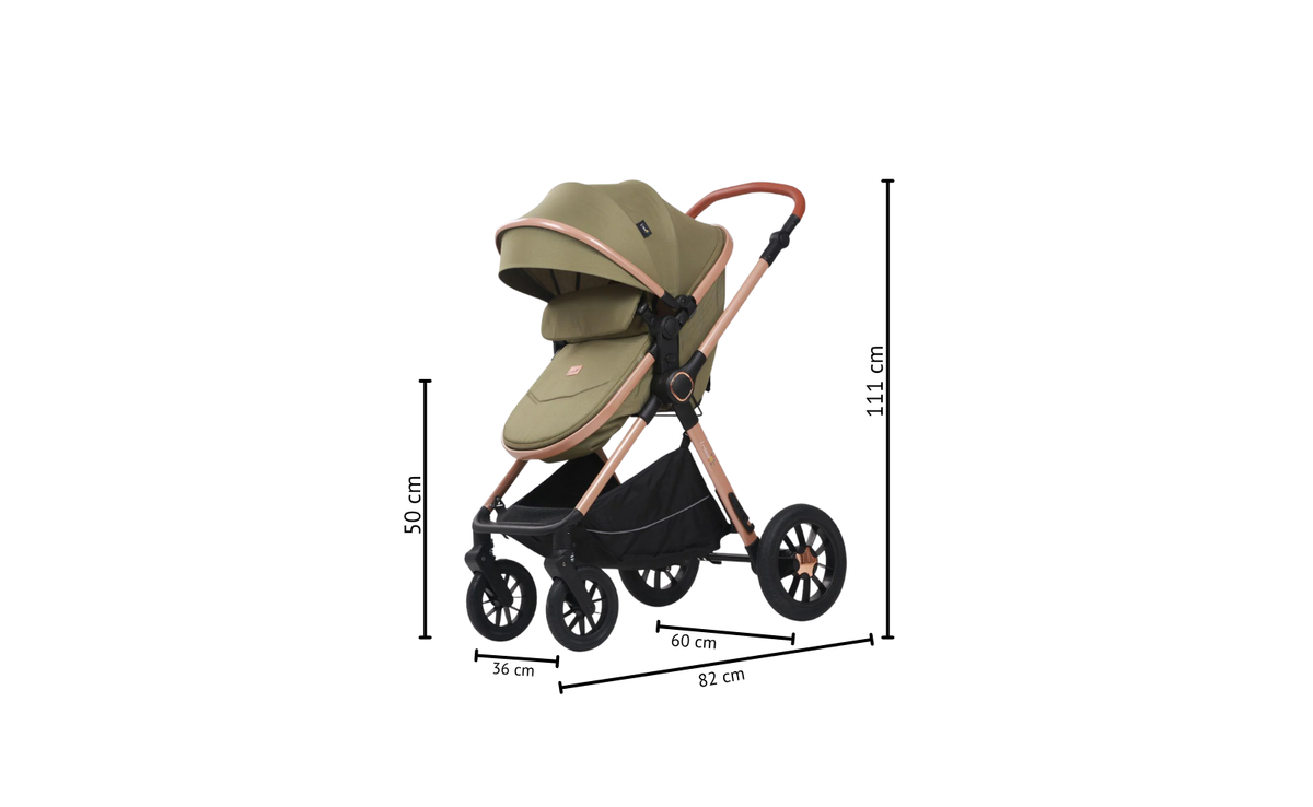 Carucior 3 in 1, L-Sun, Marina, Transformabil, Maner reversibil,  Cadrul aluminiu, Cu landou si salteluta moale, Include saculet de picioare, Geanta pentru parinti, Sustine 22 kg, Olive - gogobaby.ro