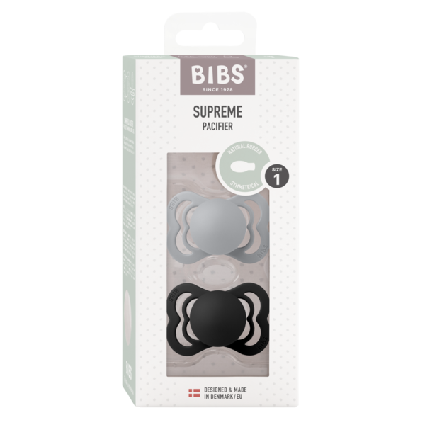 BIBS - Set 2 suzete Supreme Latex, tetina simetrica, 0 luni +-Cloud/Black - gogobaby.ro
