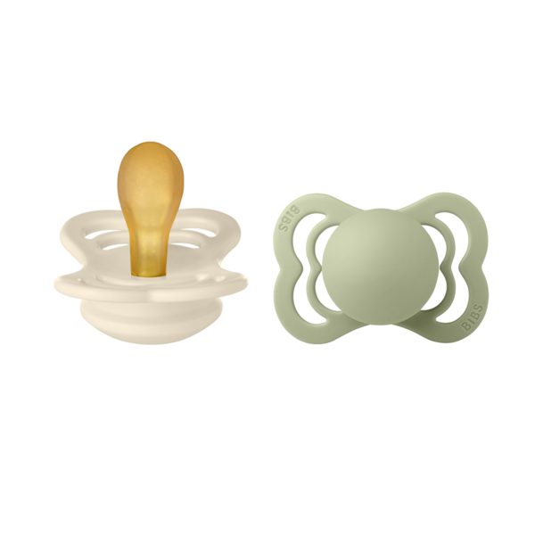 BIBS - Set 2 suzete Supreme Latex, tetina simetrica, 0 luni +-Ivory/Sage - gogobaby.ro