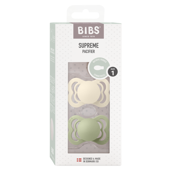 BIBS - Set 2 suzete Supreme Latex, tetina simetrica, 0 luni +-Ivory/Sage - gogobaby.ro