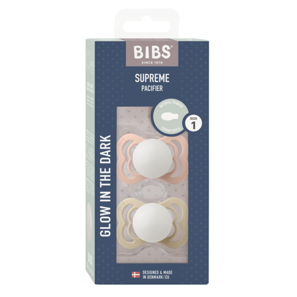 BIBS - Set 2 suzete Supreme Fosforescente GLOW Latex, tetina simetrica, 0 luni +