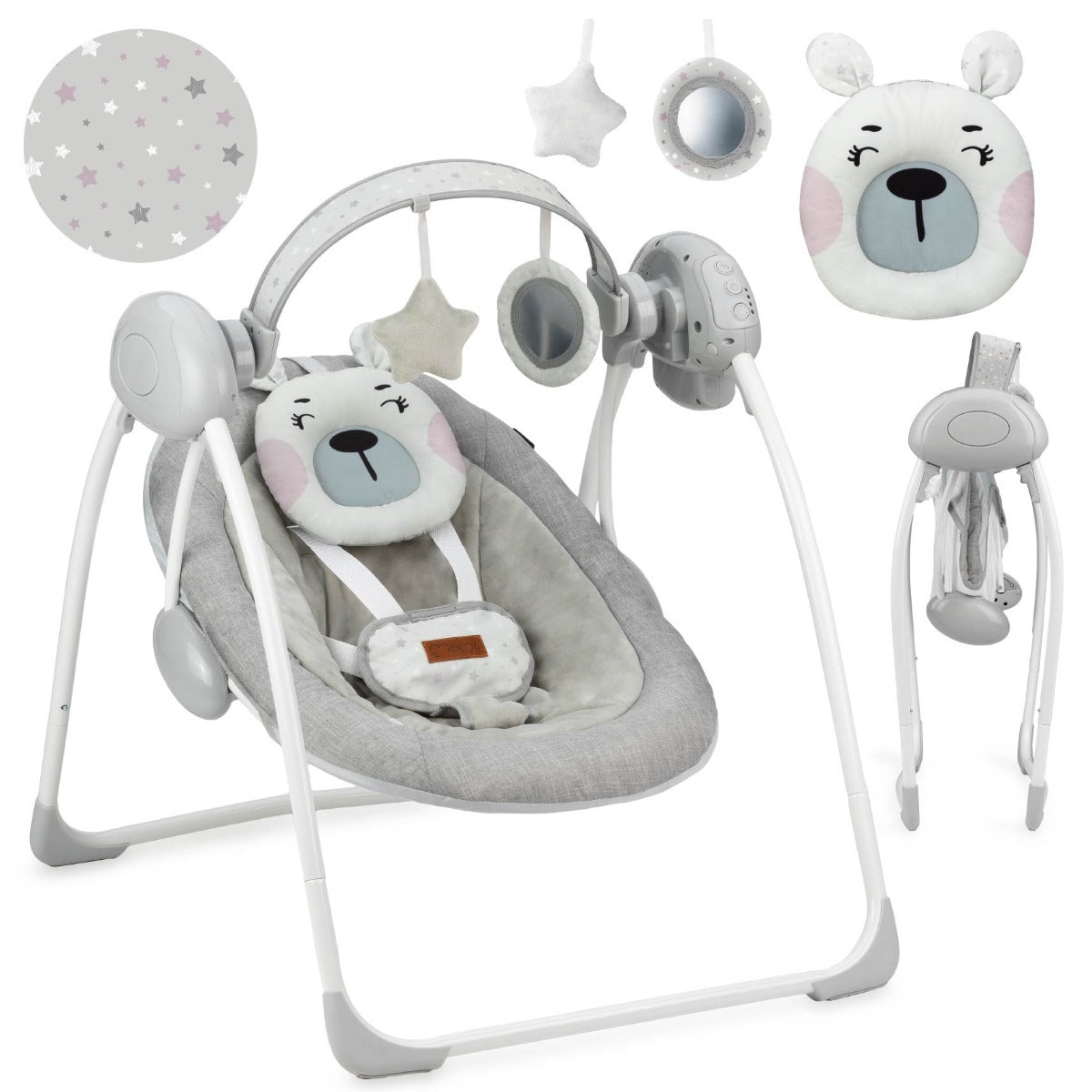 Leagan pentru bebelusi, MoMi LISS Bear Pink, 5 viteze de balansare, Cronometru, Alimentare baterii, 8 melodii, 2 jucarii incluse, Centura in 5 puncte - gogobaby.ro