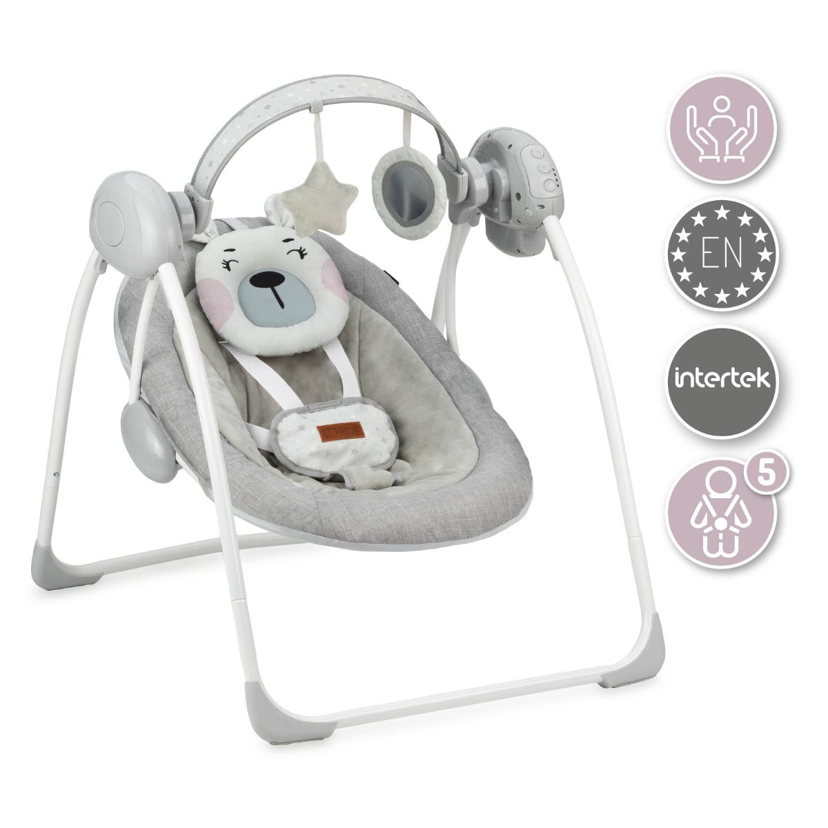 Leagan pentru bebelusi, MoMi LISS Bear Pink, 5 viteze de balansare, Cronometru, Alimentare baterii, 8 melodii, 2 jucarii incluse, Centura in 5 puncte - gogobaby.ro