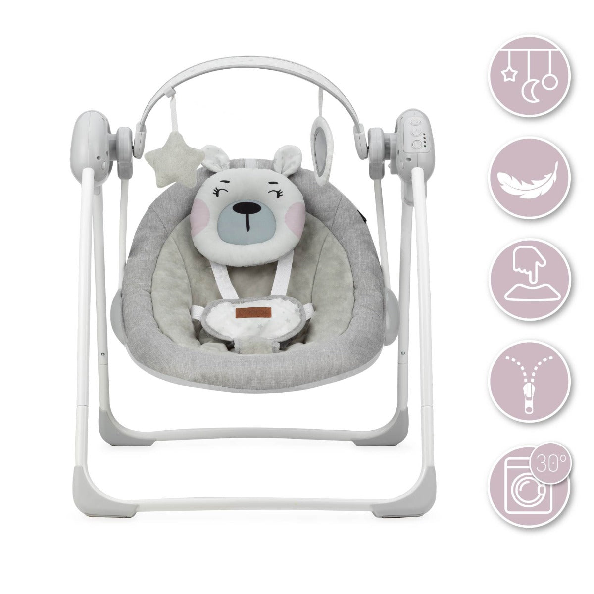 Leagan pentru bebelusi, MoMi LISS Bear Pink, 5 viteze de balansare, Cronometru, Alimentare baterii, 8 melodii, 2 jucarii incluse, Centura in 5 puncte - gogobaby.ro