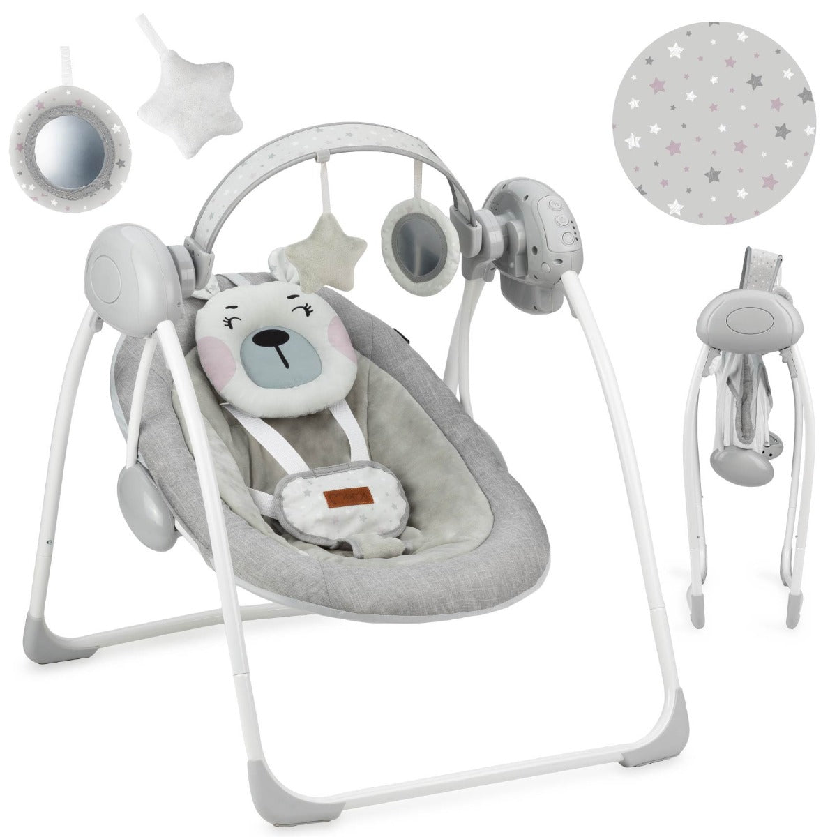 Leagan pentru bebelusi, MoMi LISS Bear Pink, 5 viteze de balansare, Cronometru, Alimentare baterii, 8 melodii, 2 jucarii incluse, Centura in 5 puncte - gogobaby.ro