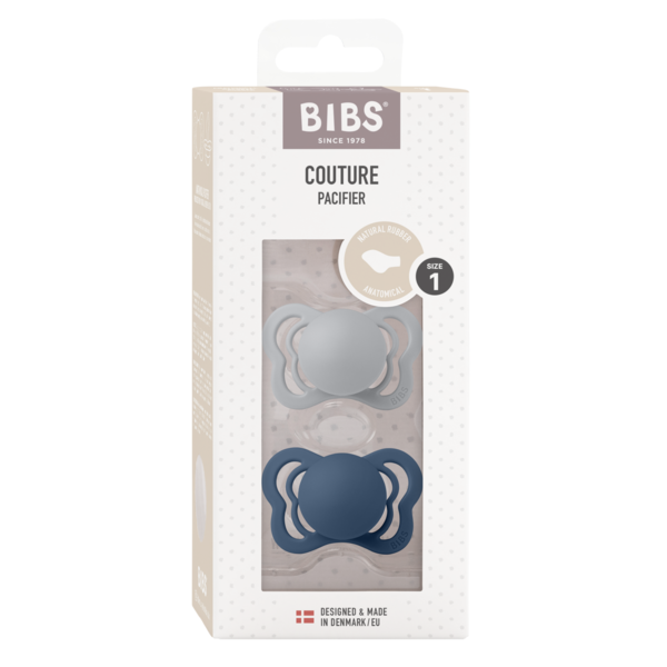 BIBS - Set 2 suzete Couture Latex, tetina anatomica, 0 luni +-Cloud/Steel Blue - gogobaby.ro