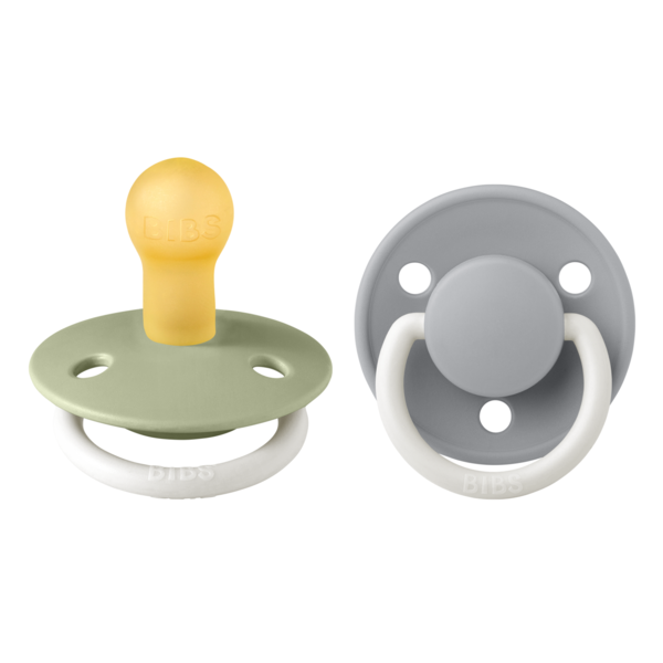 BIBS - Set 2 suzete Fosforescente De Lux Glow Latex, tetina rotunda, 0 luni +-Sage/Cloud