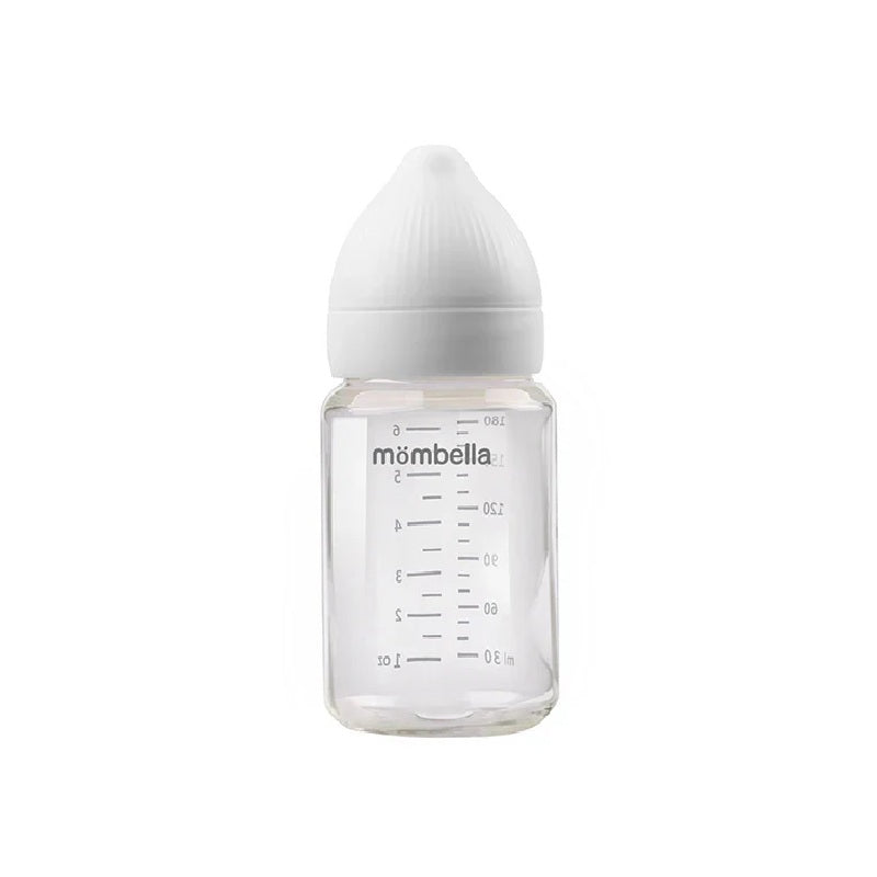 Biberon din sticla Anti-colici Mombella Classic, 180 ml, cu Tetină Silicon S - Flux Lent (0-3 Luni) - Ivory - gogobaby.ro