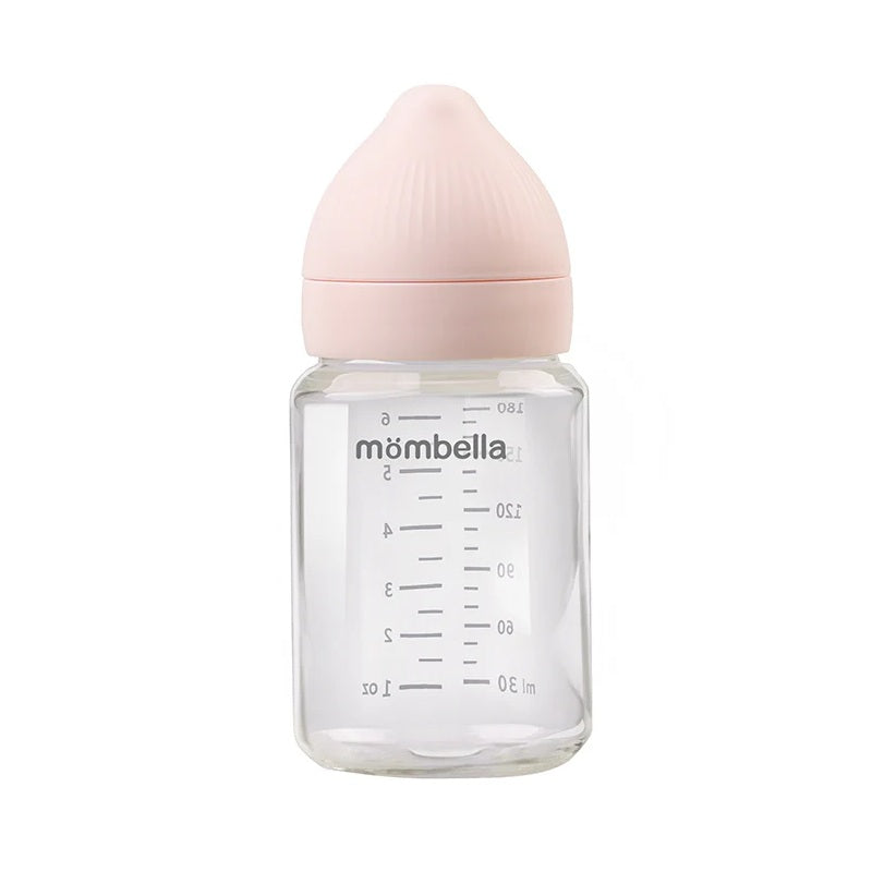 Biberon din sticla Anti-colici Mombella Classic , 180 ml, cu Tetină Silicon S - Flux Lent (0-3 Luni) - Old Rose