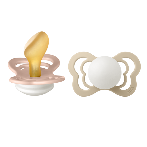 BIBS - Set 2 suzete Fosforescente Couture Glow Latex, tetina anatomica, 6 luni +-Blush/Vanilla - gogobaby.ro