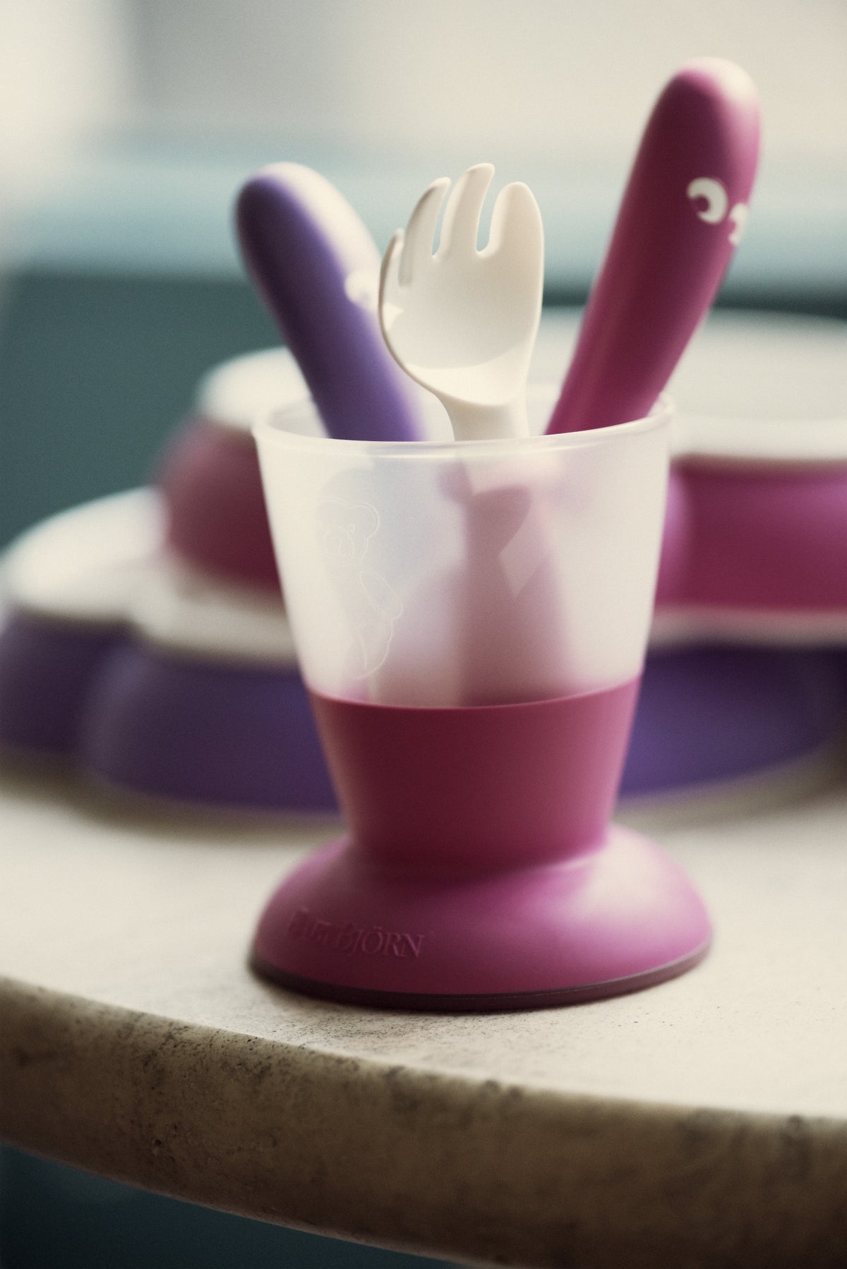BabyBjorn – Set Lingurite si Furculite pentru bebelusi (4 bucati), Pink/Purple - gogobaby.ro