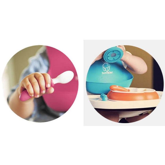 BabyBjorn - 2 Seturi hranire: farfurie, lingurita si furculita pentru bebe, Orange/ Turquoise - gogobaby.ro