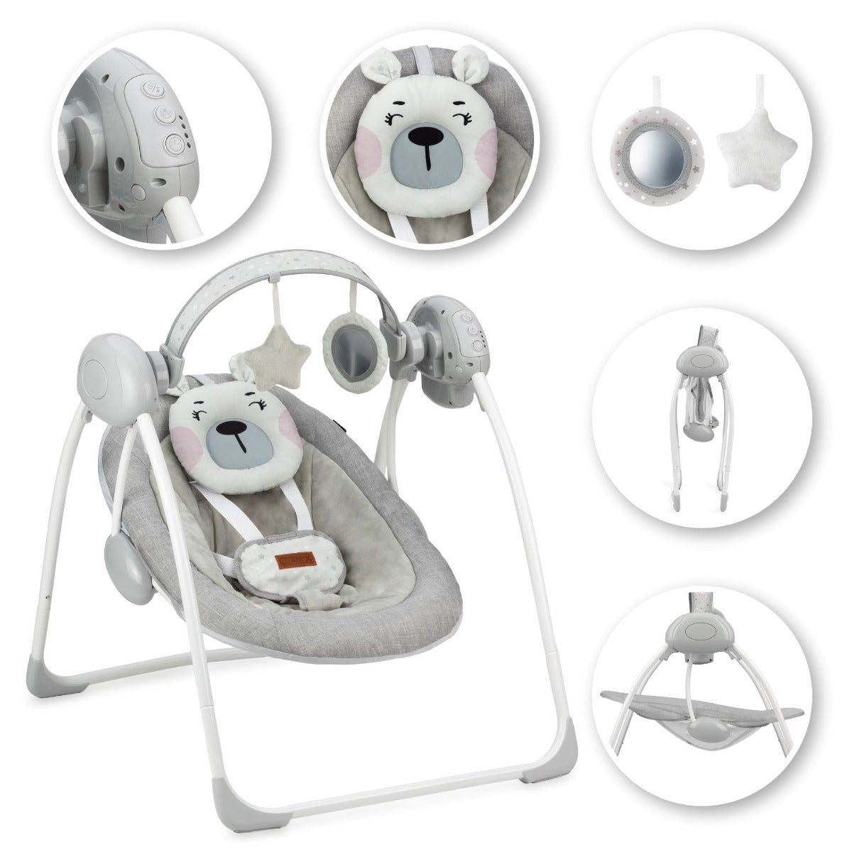 Leagan pentru bebelusi, MoMi LISS Bear Pink, 5 viteze de balansare, Cronometru, Alimentare baterii, 8 melodii, 2 jucarii incluse, Centura in 5 puncte - gogobaby.ro