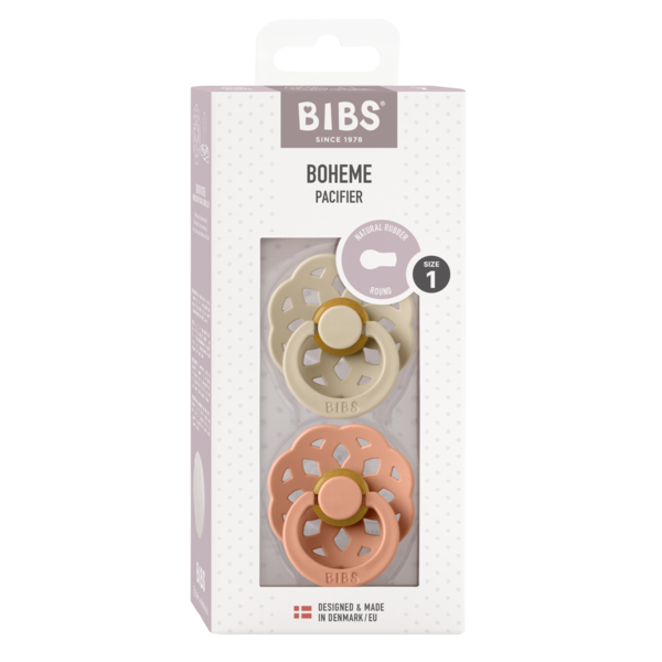 BIBS - Set 2 suzete Boheme Latex, tetina rotunda, 0 luni +-Vanilla/Peach