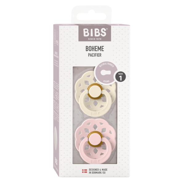 BIBS - Set 2 suzete Boheme Latex, tetina rotunda, 0 luni +-Ivory/Blossom - gogobaby.ro