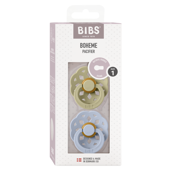 BIBS - Set 2 suzete Boheme Latex, tetina rotunda, 0 luni +-Khaki/Dusty Blue