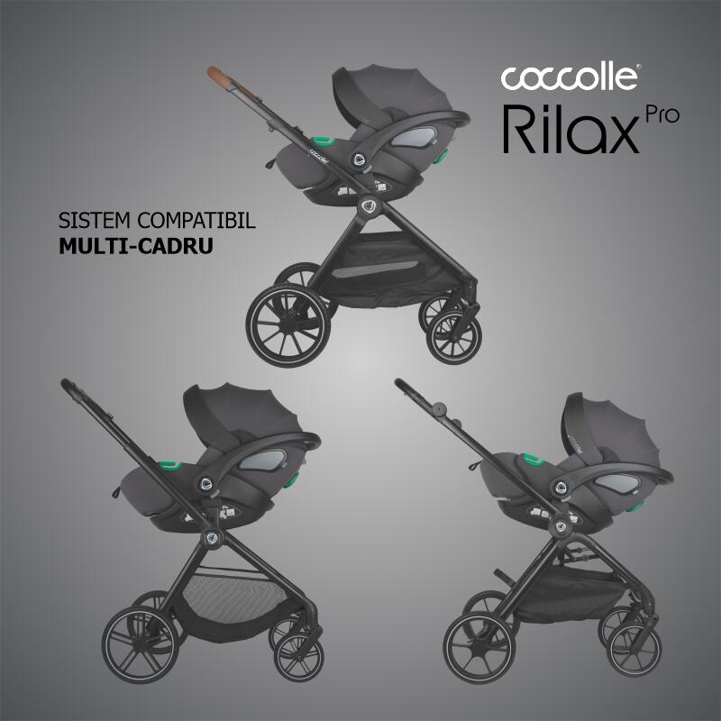 Carucior modular 4in1 Coccolle Lissia Anthracite cu Scoica auto iSize Coccolle Rilax Greystone si Baza isofix iSize Coccolle Rilax