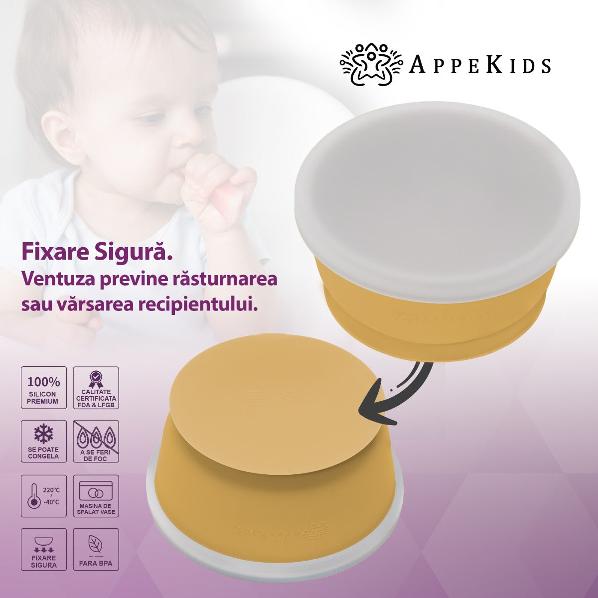 Bol din silicon cu ventuza si capac, AppeKids - Honey - gogobaby.ro