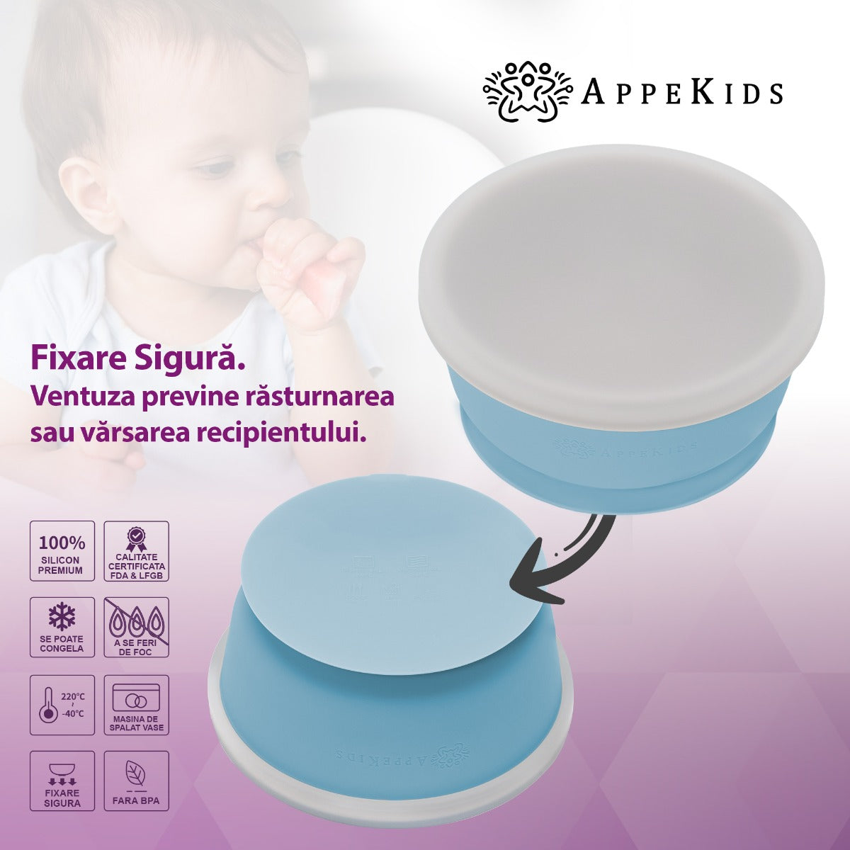 Bol din silicon cu ventuza si capac, AppeKids - Aqua Blue - gogobaby.ro