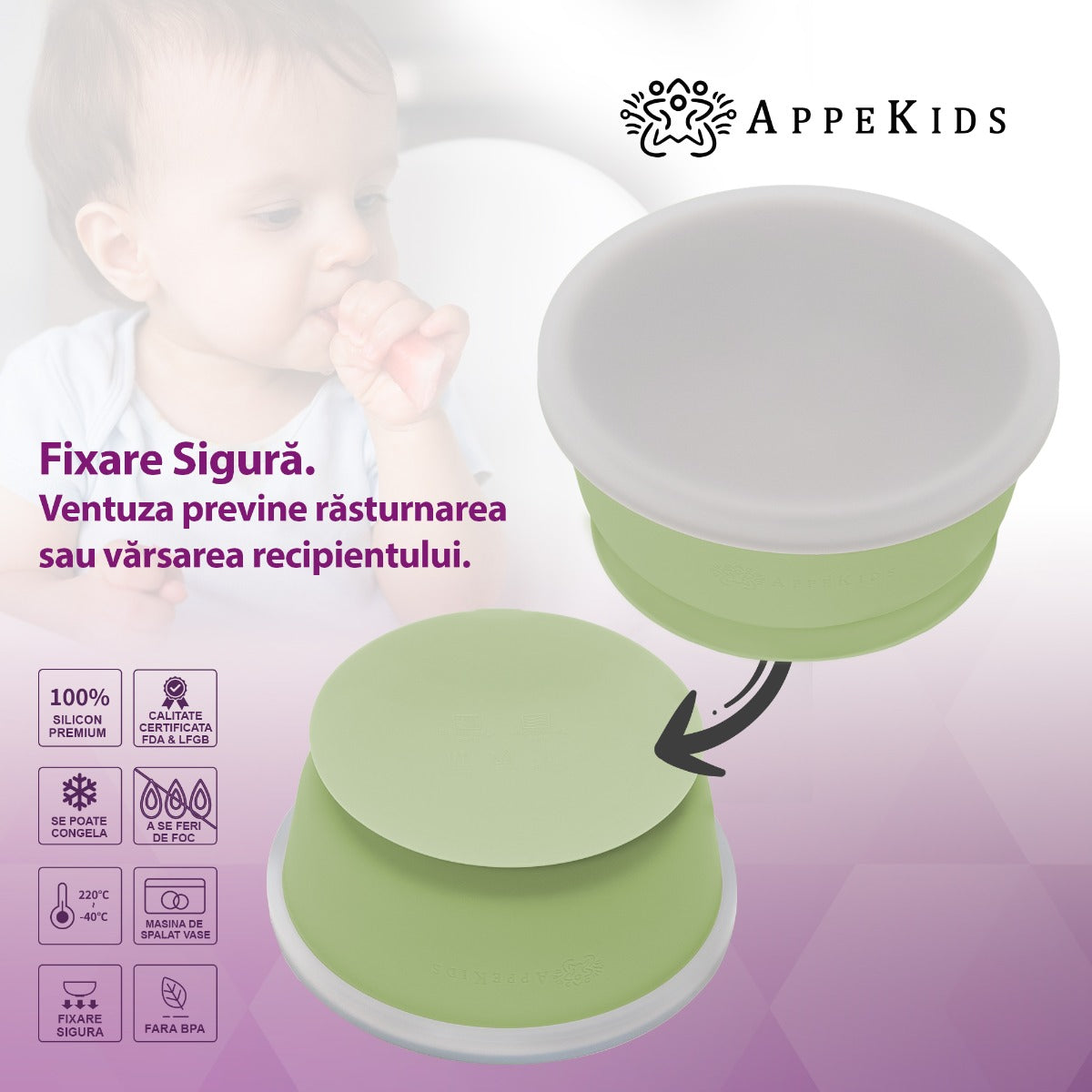Bol din silicon cu ventuza si capac, AppeKids - Raw Green - gogobaby.ro