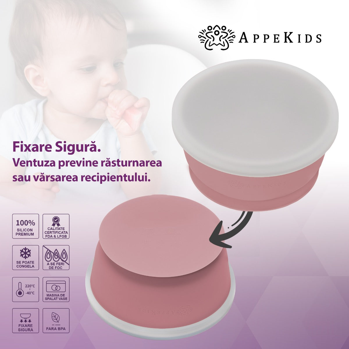 Bol din silicon cu ventuza si capac, AppeKids - Old Rose - gogobaby.ro