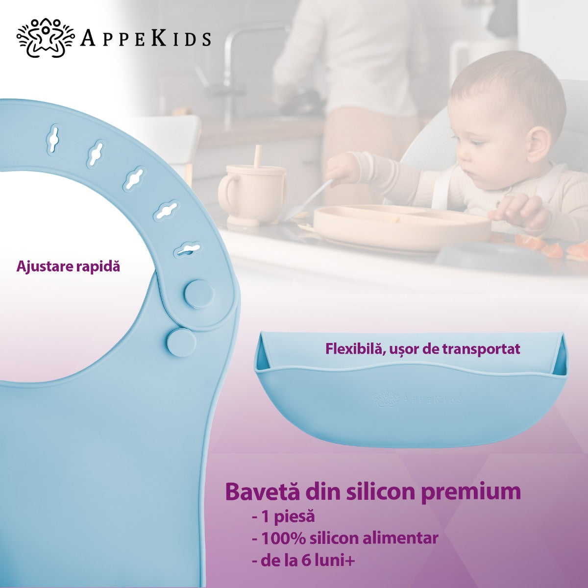 Baveta din silicon, AppeKids - Aqua Blue - gogobaby.ro