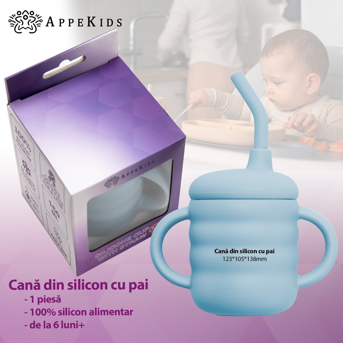 Cana din silicon cu pai, AppeKids - Aqua Blue - gogobaby.ro