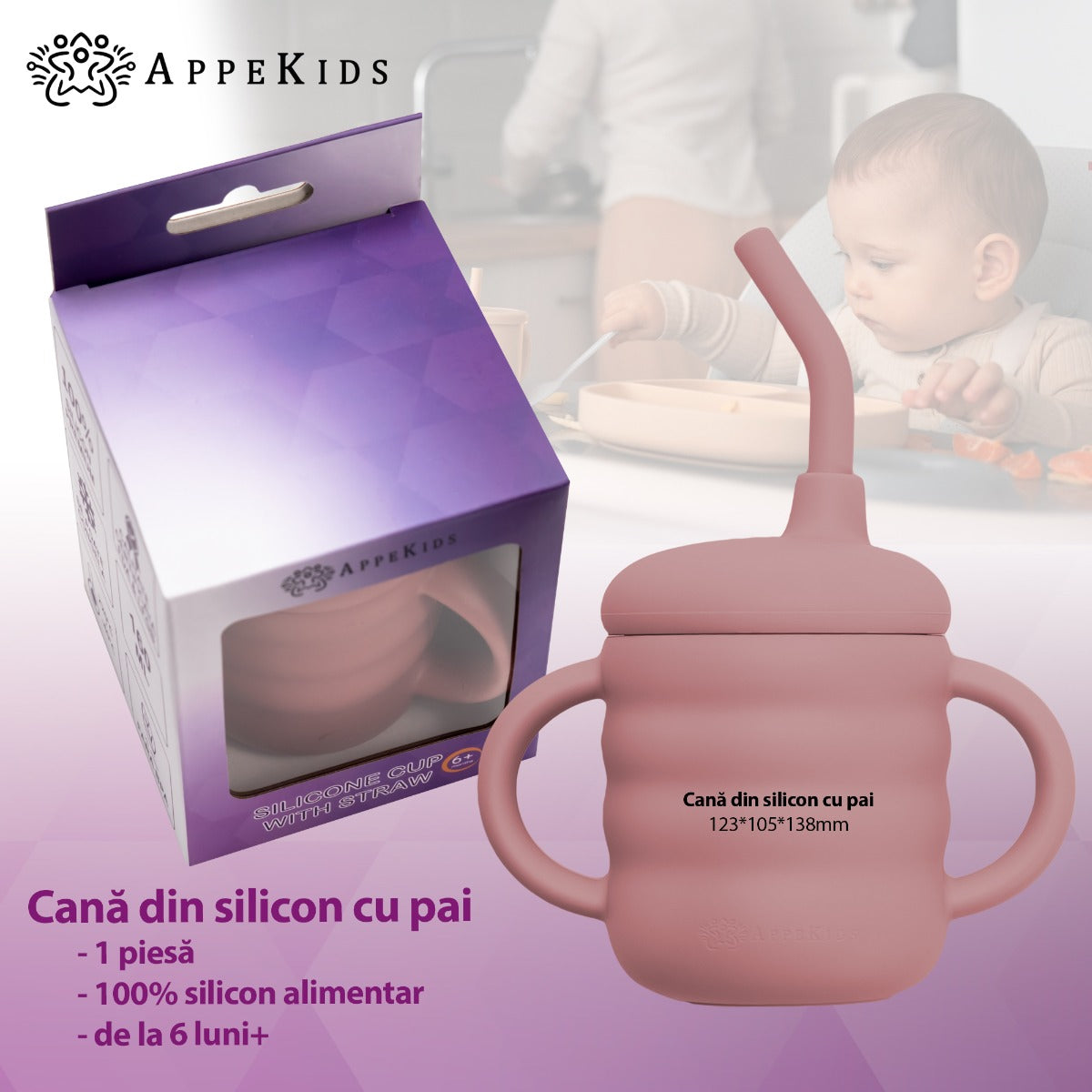 Cana din silicon cu pai, AppeKids - Old Rose - gogobaby.ro