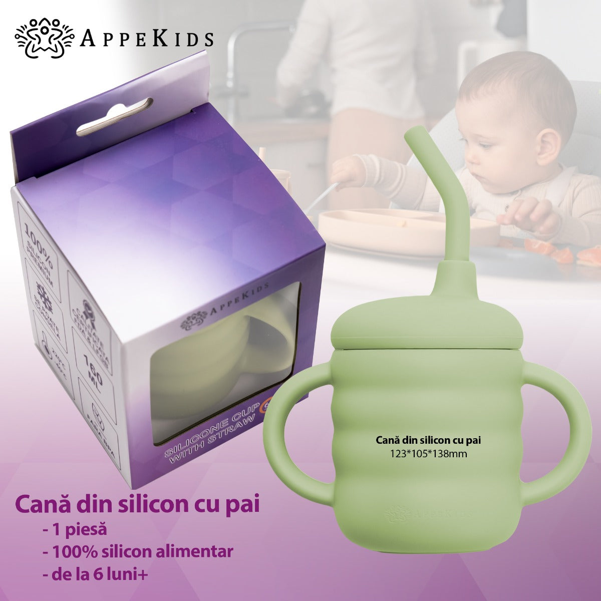 Cana din silicon cu pai, AppeKids - Raw Green - gogobaby.ro