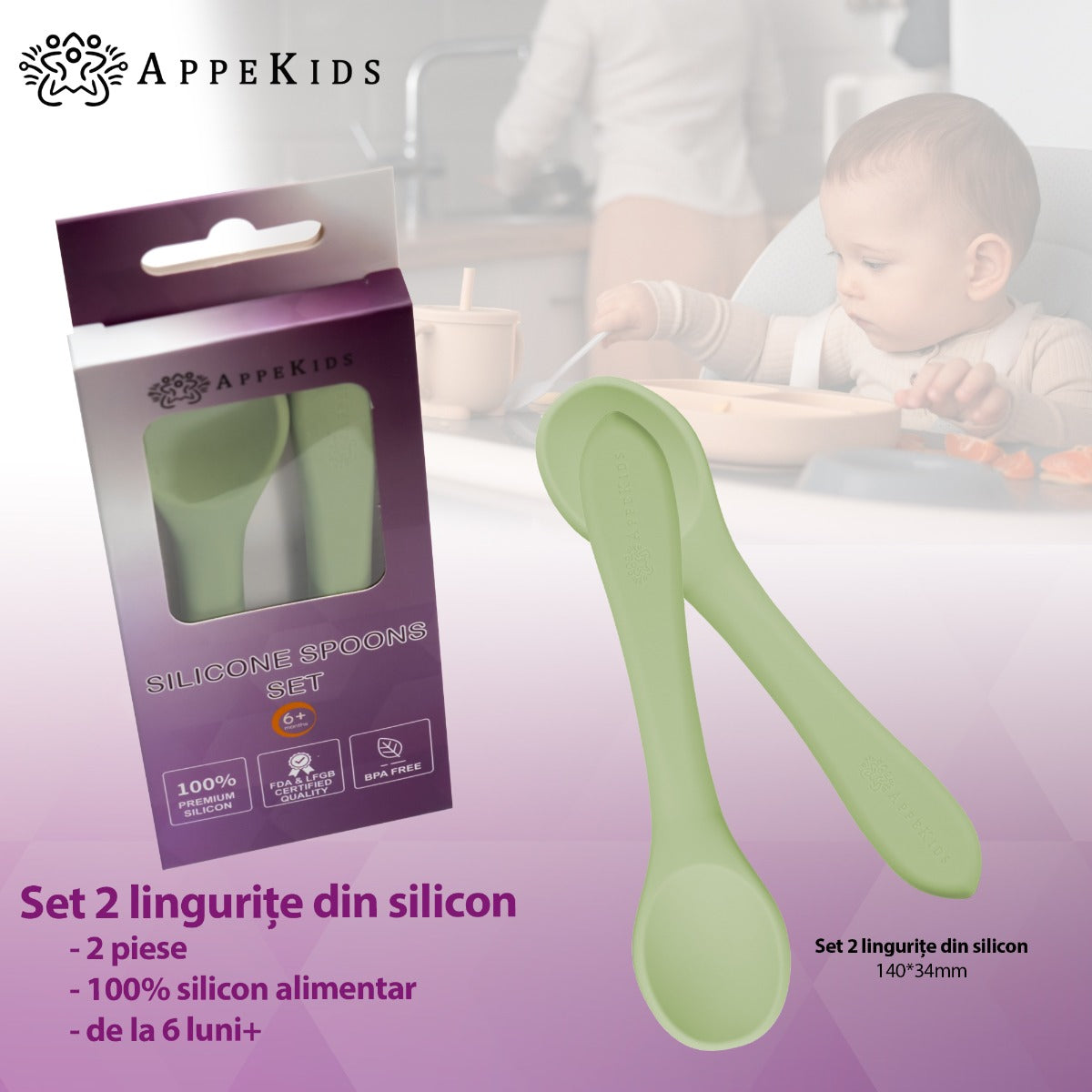Set Lingurite din silicon, AppeKids - Raw Green - gogobaby.ro
