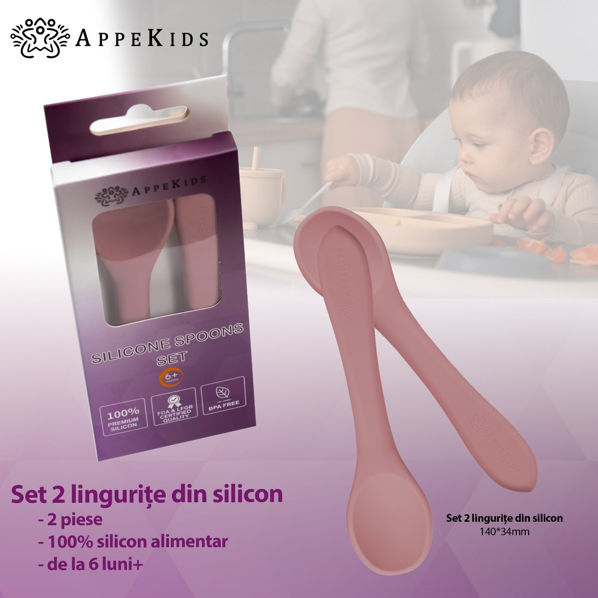 Set Lingurite din silicon, AppeKids - Old Rose - gogobaby.ro